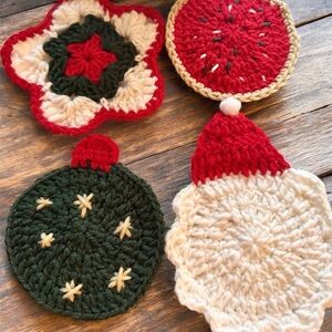 Set of 4 festive, handcrafted crochet coasters.